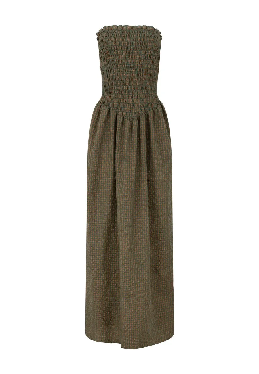 Après Studio Pine Check Ruched Strapless Maxi