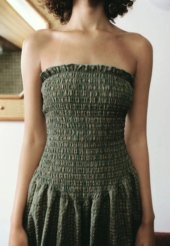 Après Studio Pine Check Ruched Strapless Maxi