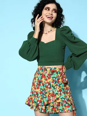 Berrylush Women Solid Green Sweetheart Neck Bishop Sleeve Knitted Cropped Top