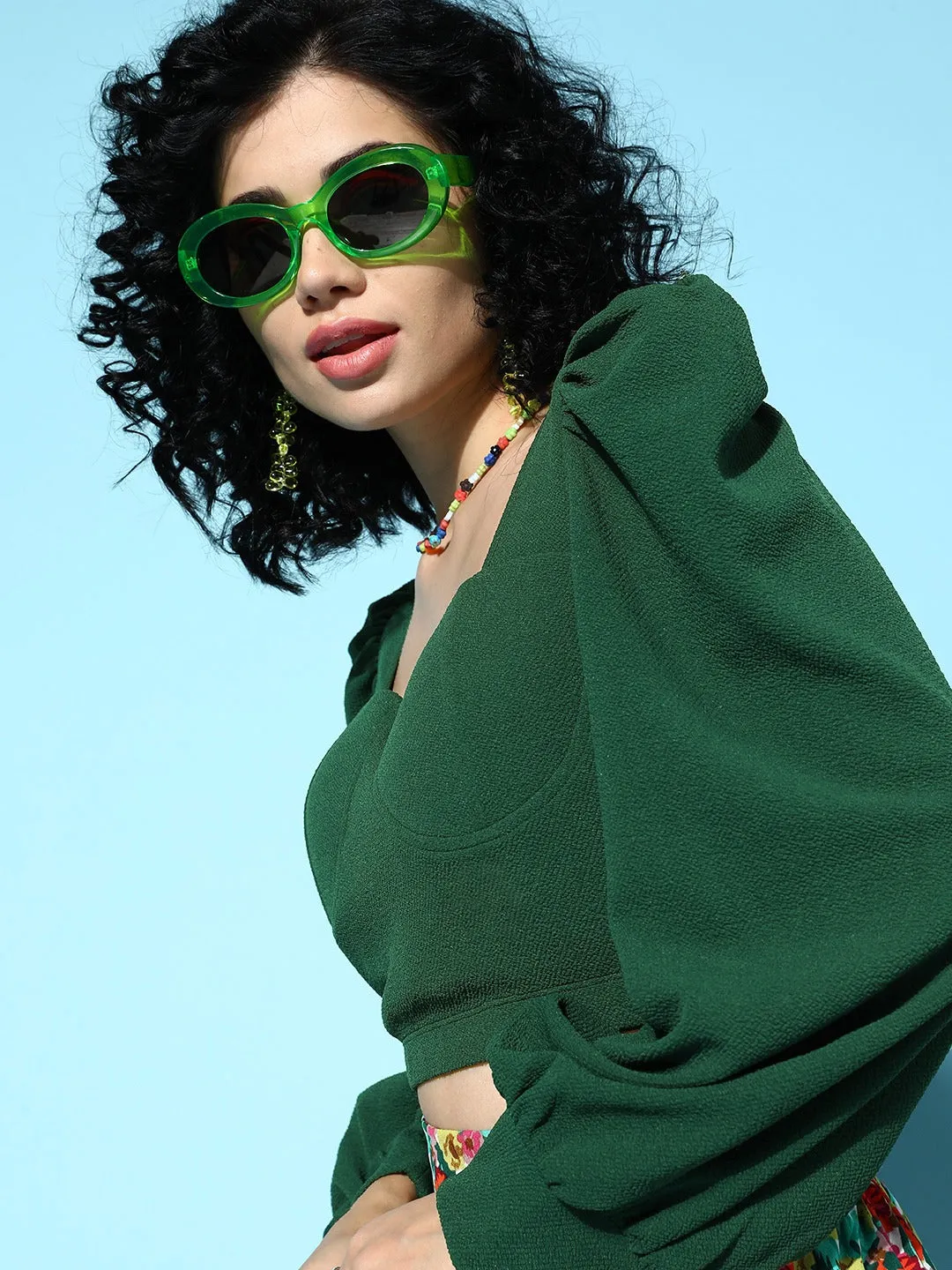 Berrylush Women Solid Green Sweetheart Neck Bishop Sleeve Knitted Cropped Top