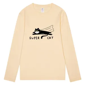 CORIRESHA Unisex Funny Run Cat Crewneck Long Sleeves Cozy Cotton Cute T-Shirts