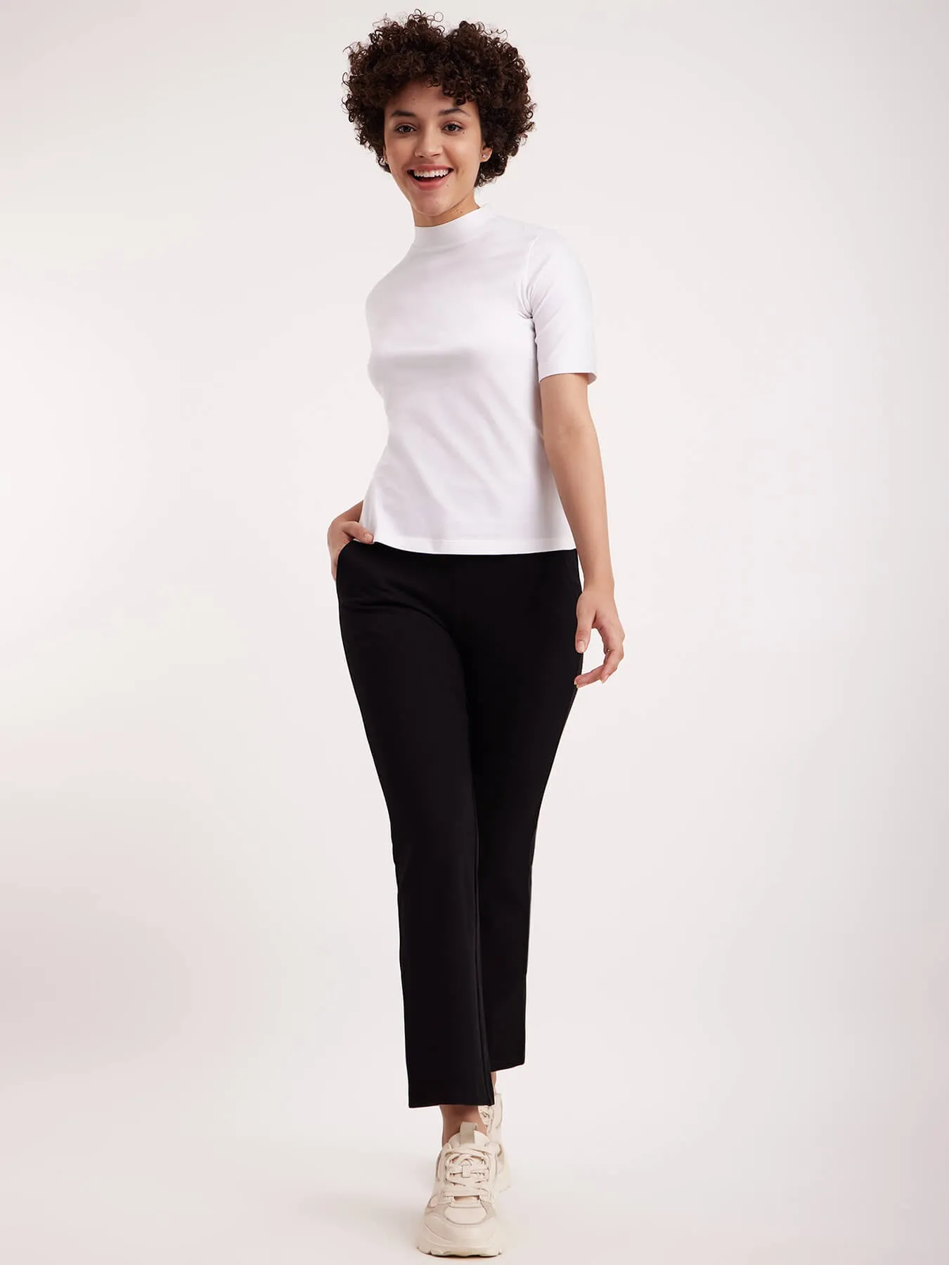 Cotton Half Sleeve Drop Shoulder Knitted Tee - White