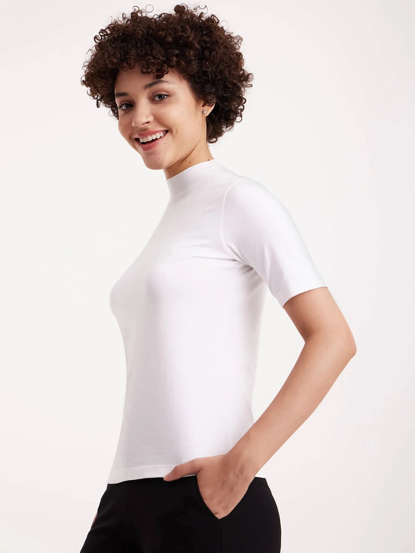 Cotton Half Sleeve Drop Shoulder Knitted Tee - White