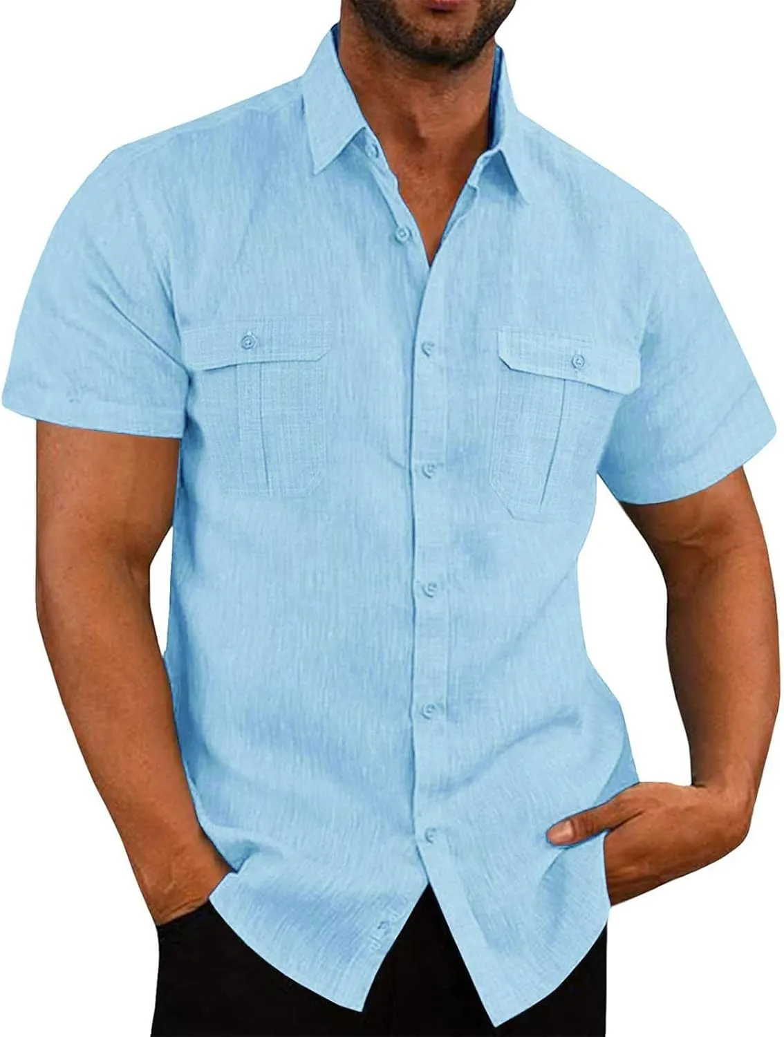 Cotton Linen Short Sleeve Shirts Men Fashion Vacation Double Pockets Casual Lapel Button Down Shirts Comfy Summer Top