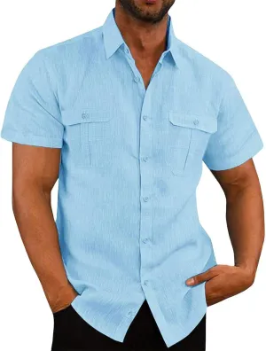 Cotton Linen Short Sleeve Shirts Men Fashion Vacation Double Pockets Casual Lapel Button Down Shirts Comfy Summer Top