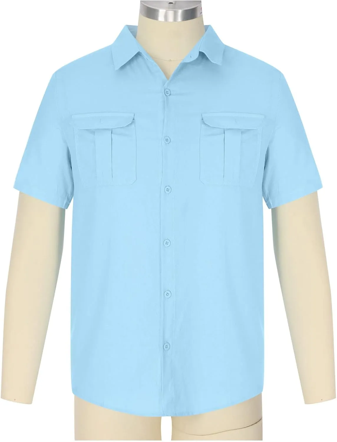 Cotton Linen Short Sleeve Shirts Men Fashion Vacation Double Pockets Casual Lapel Button Down Shirts Comfy Summer Top