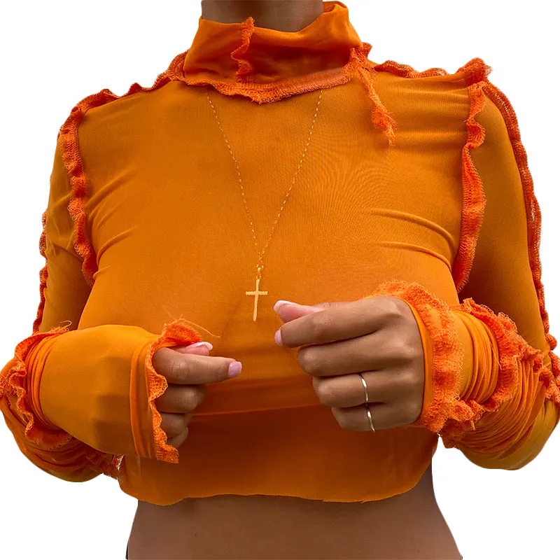 Fashion spring and summer round neck long sleeve perspective mesh stitching contrast color slim T-shirt women