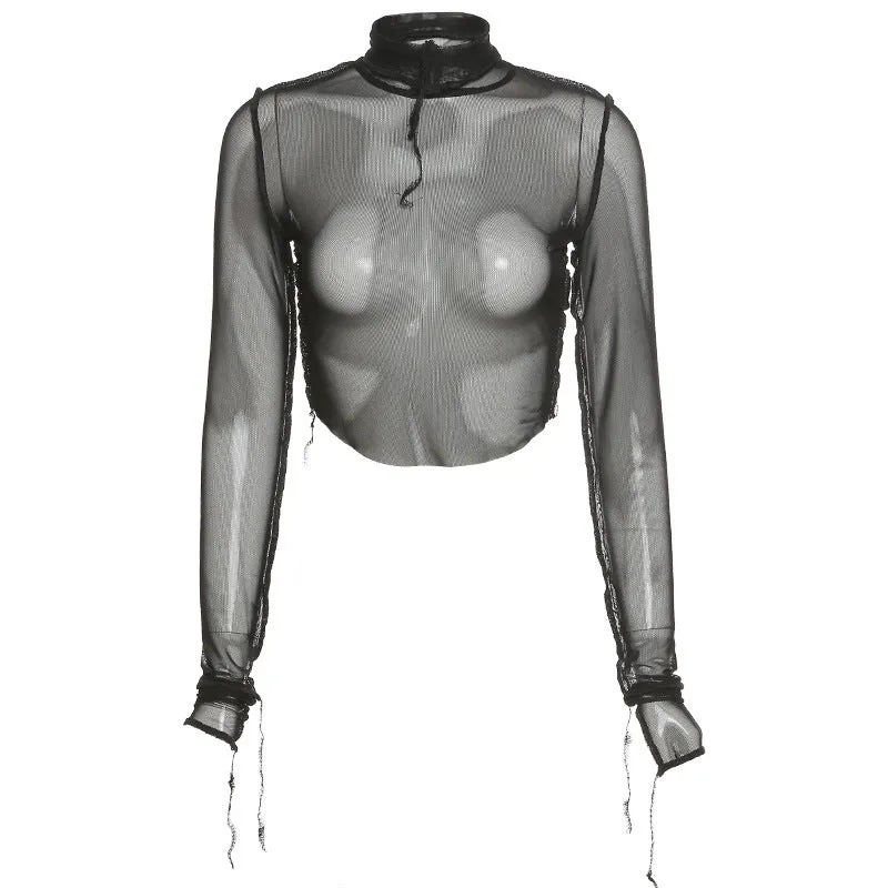 Fashion spring and summer round neck long sleeve perspective mesh stitching contrast color slim T-shirt women