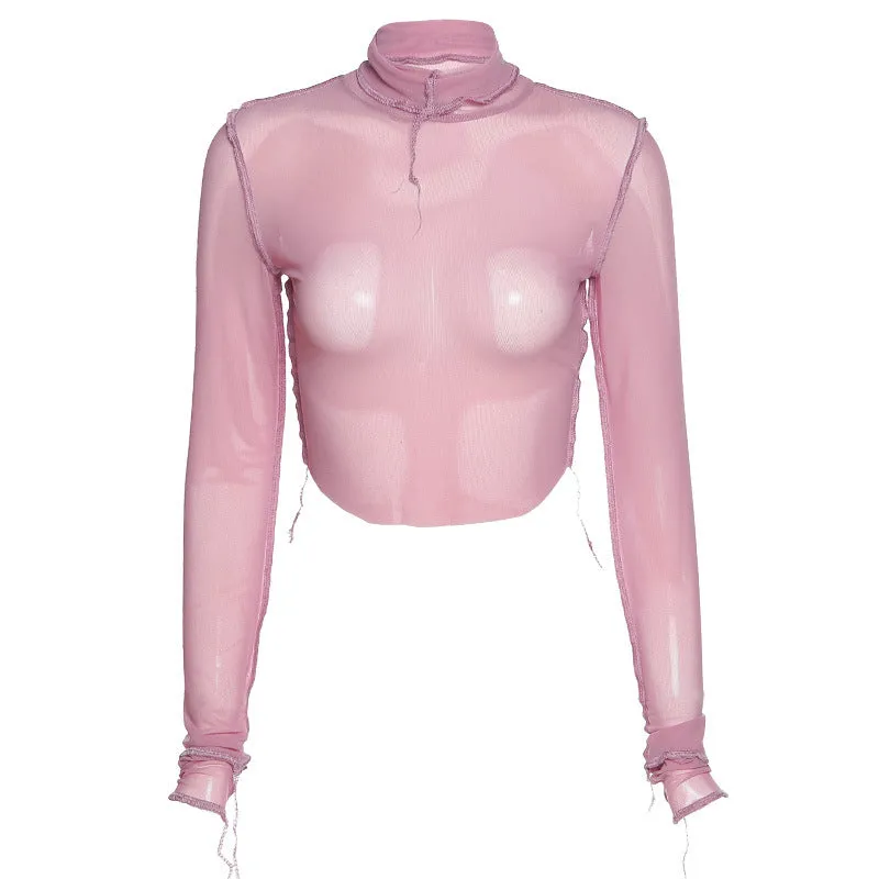 Fashion spring and summer round neck long sleeve perspective mesh stitching contrast color slim T-shirt women