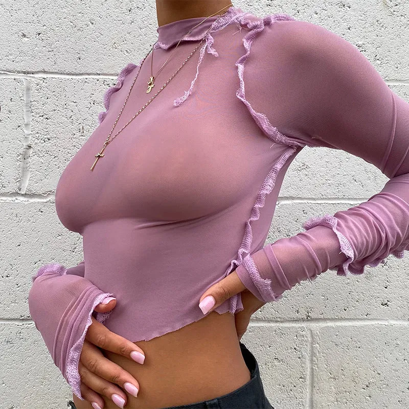 Fashion spring and summer round neck long sleeve perspective mesh stitching contrast color slim T-shirt women