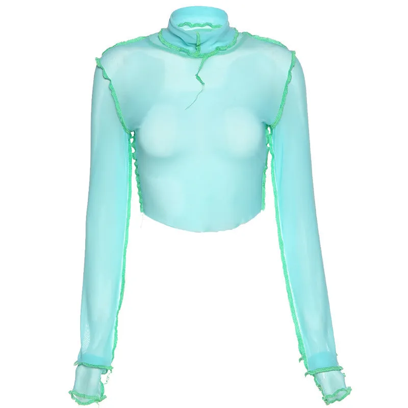 Fashion spring and summer round neck long sleeve perspective mesh stitching contrast color slim T-shirt women