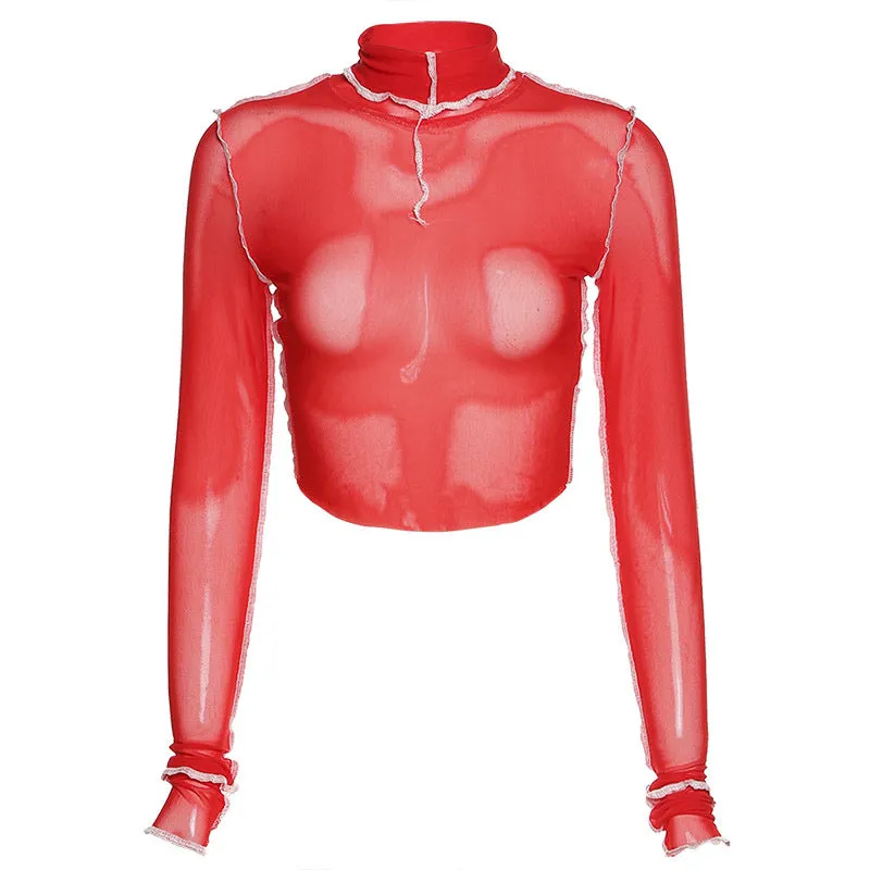 Fashion spring and summer round neck long sleeve perspective mesh stitching contrast color slim T-shirt women