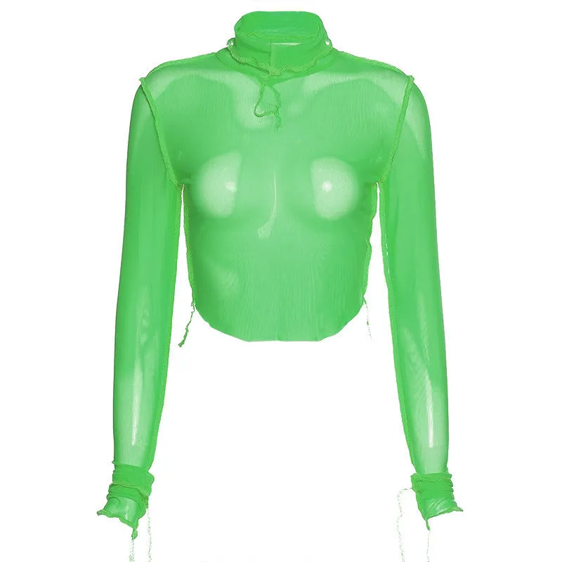 Fashion spring and summer round neck long sleeve perspective mesh stitching contrast color slim T-shirt women