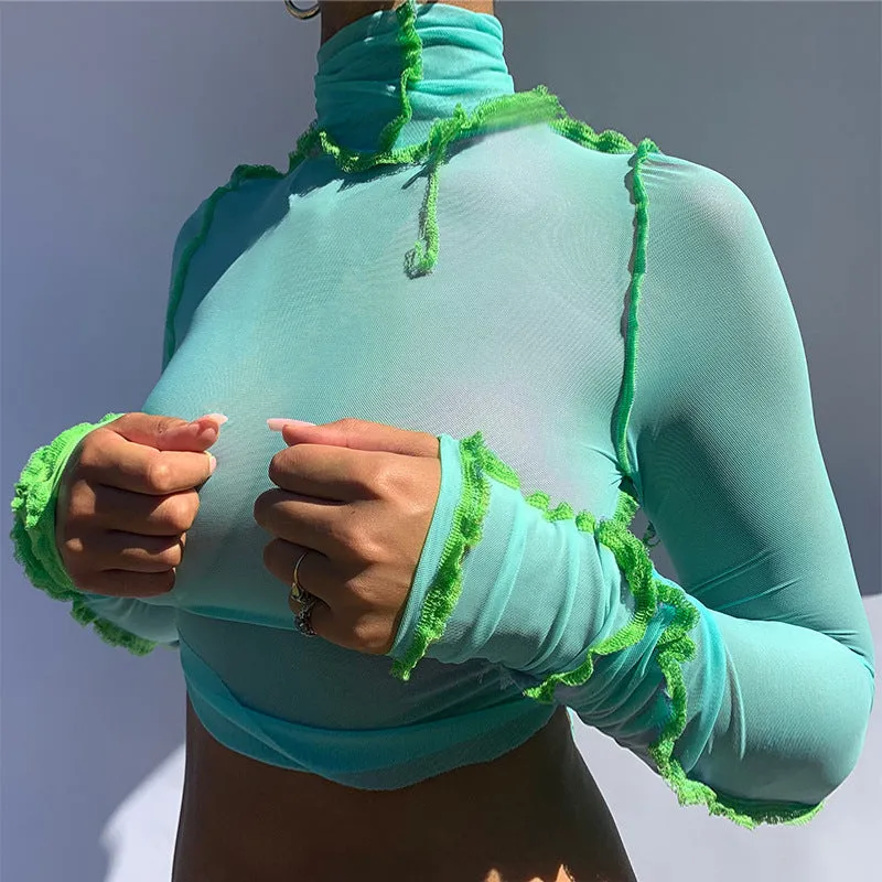 Fashion spring and summer round neck long sleeve perspective mesh stitching contrast color slim T-shirt women