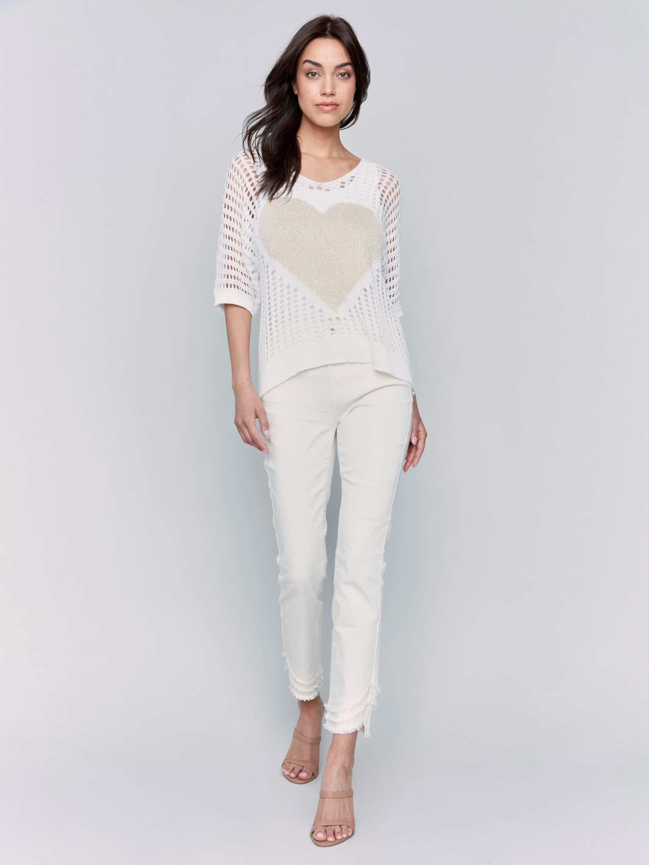 Fishnet V-Neck Sweater with Gold Heart - White