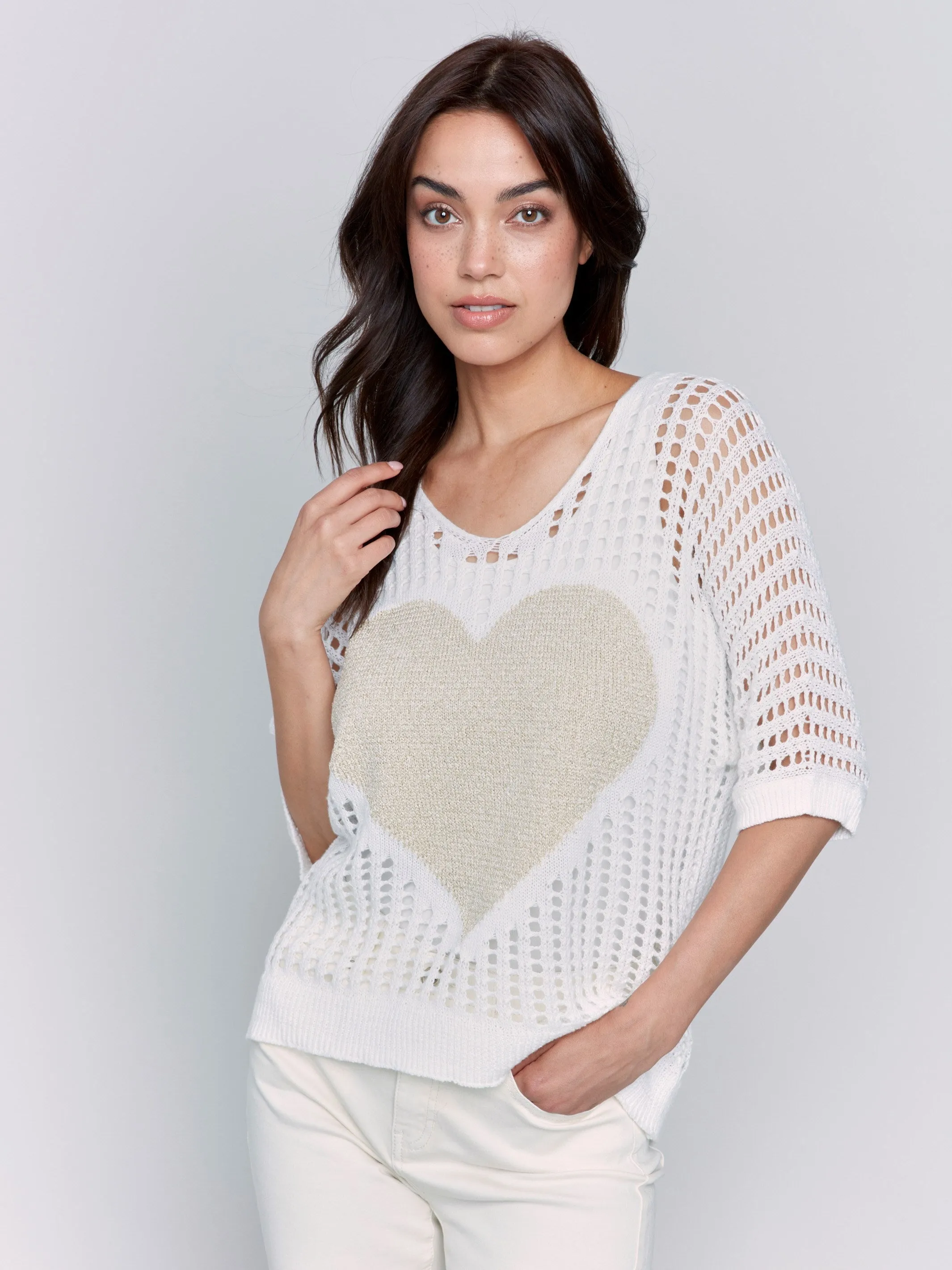 Fishnet V-Neck Sweater with Gold Heart - White