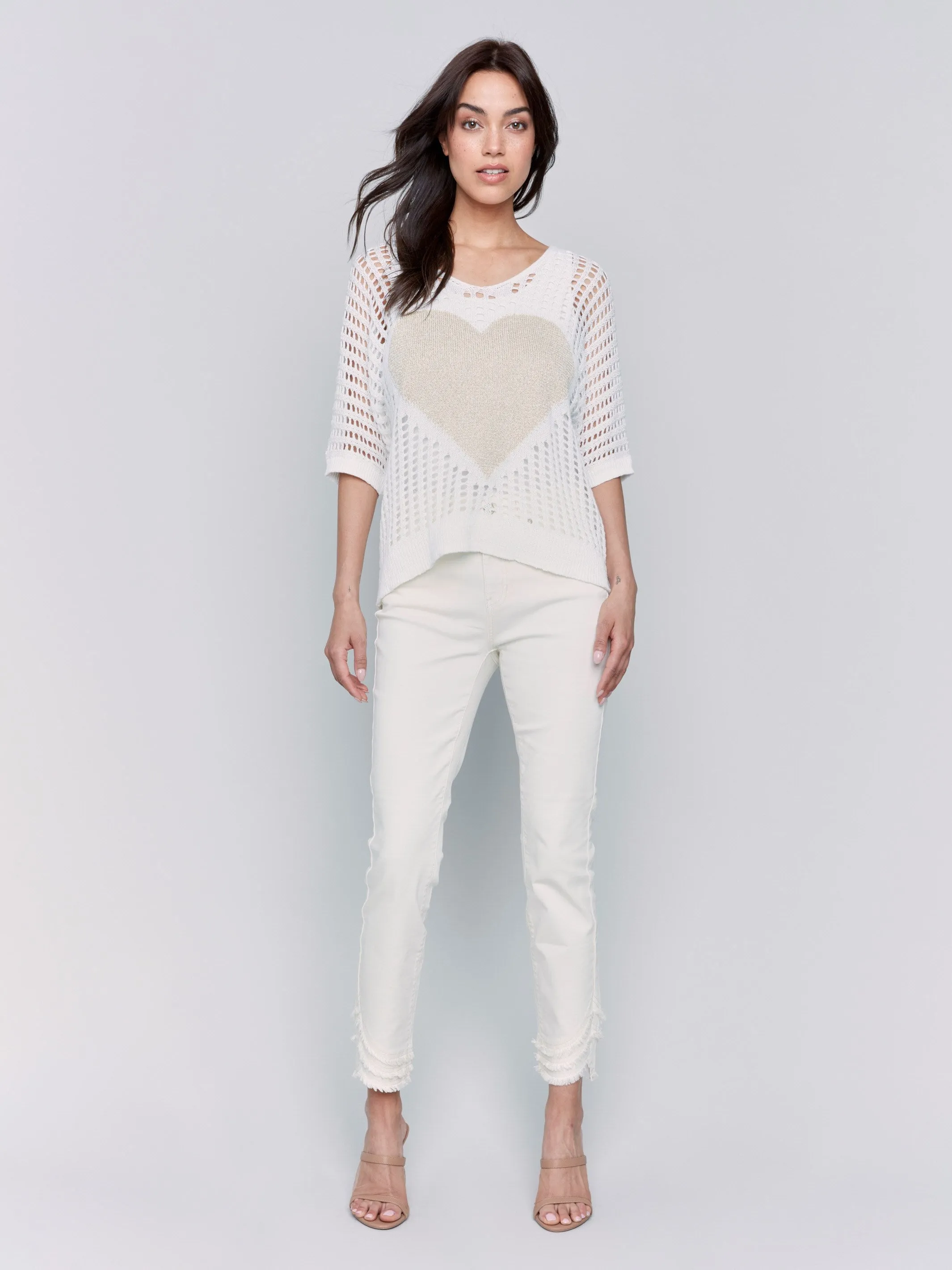 Fishnet V-Neck Sweater with Gold Heart - White