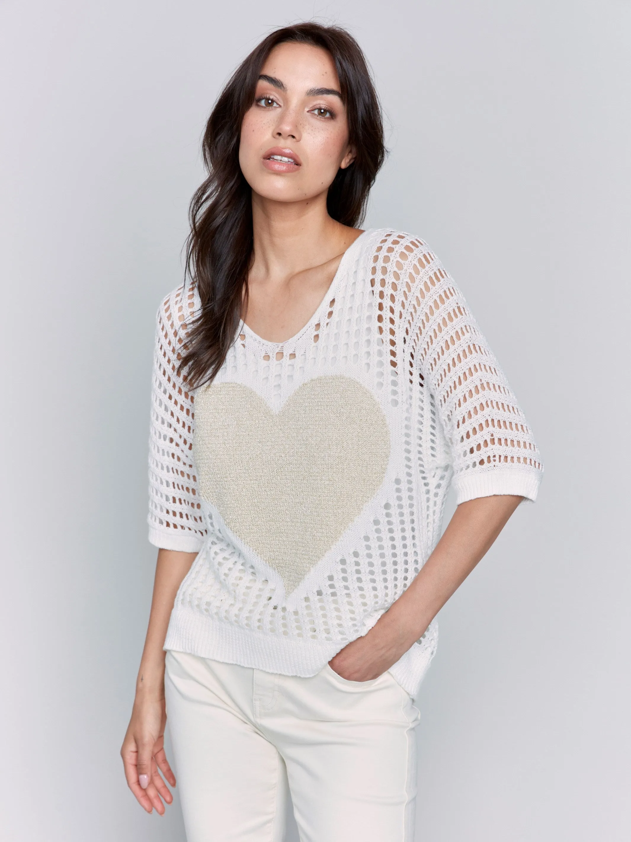 Fishnet V-Neck Sweater with Gold Heart - White