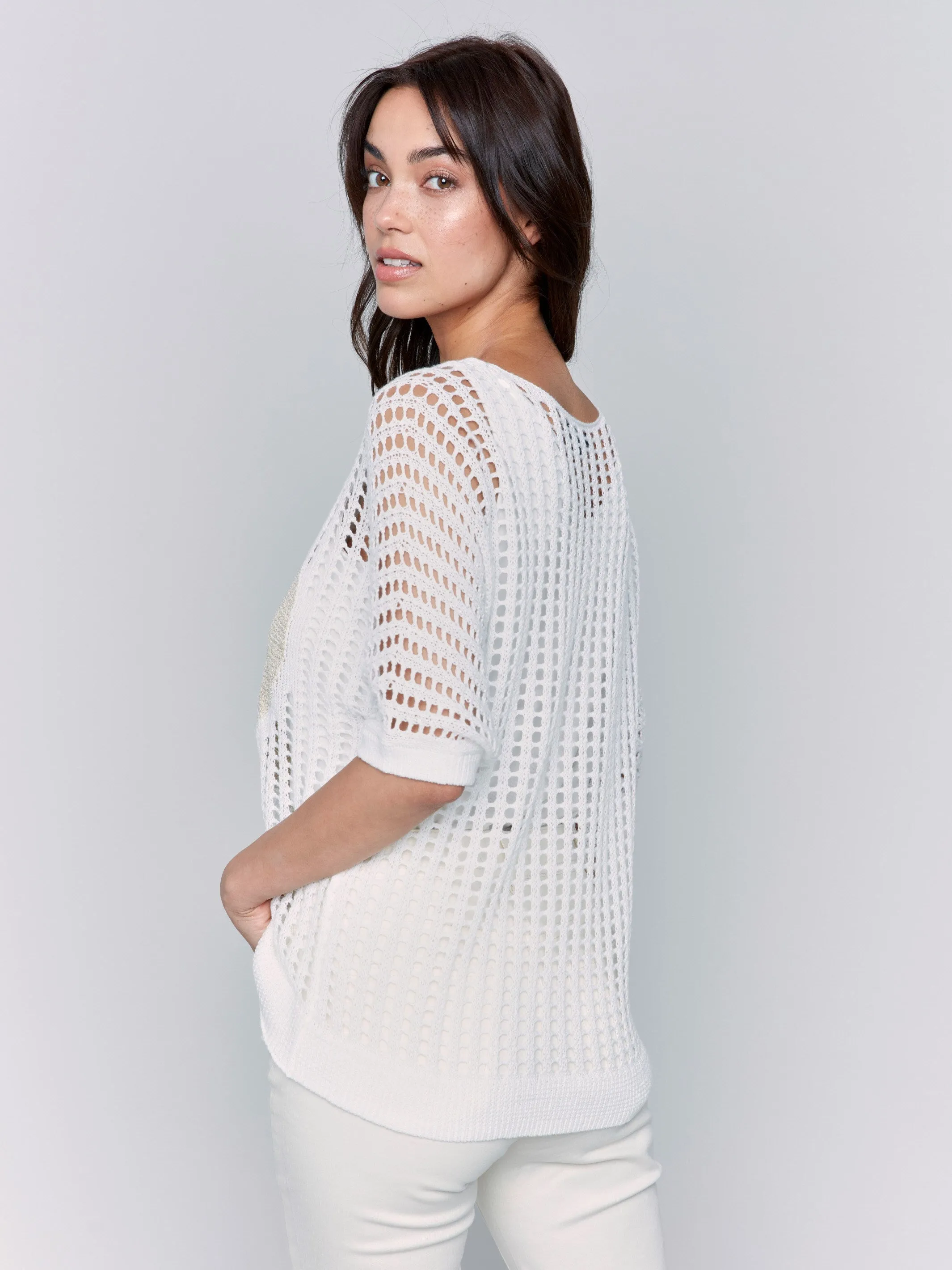 Fishnet V-Neck Sweater with Gold Heart - White
