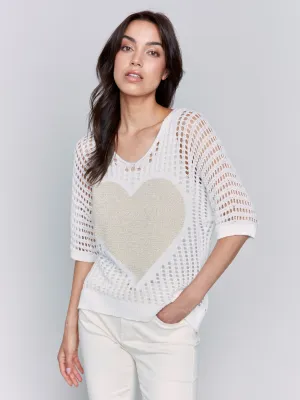 Fishnet V-Neck Sweater with Gold Heart - White