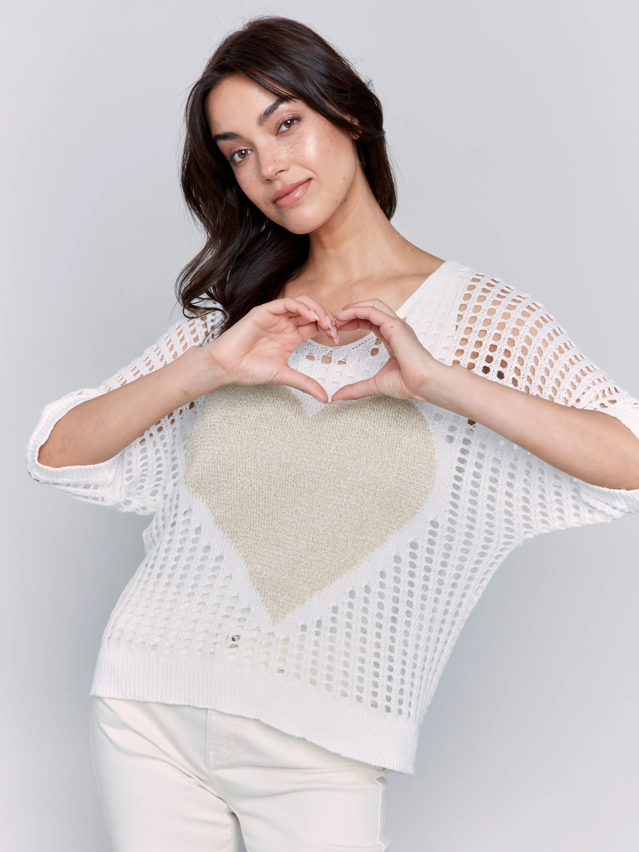 Fishnet V-Neck Sweater with Gold Heart - White