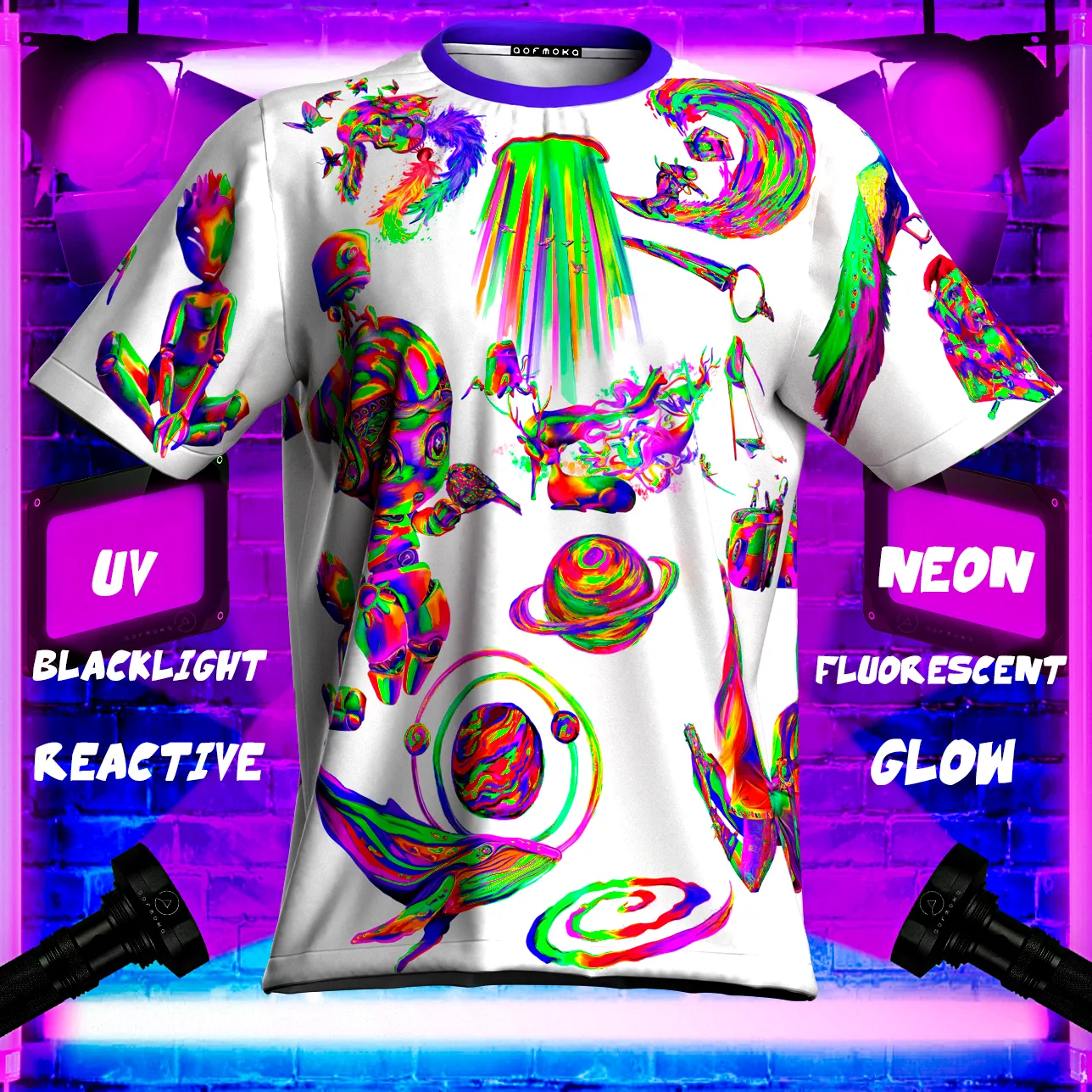 Glowing T Shirt Glow in UV Fluorescent Cosmic White