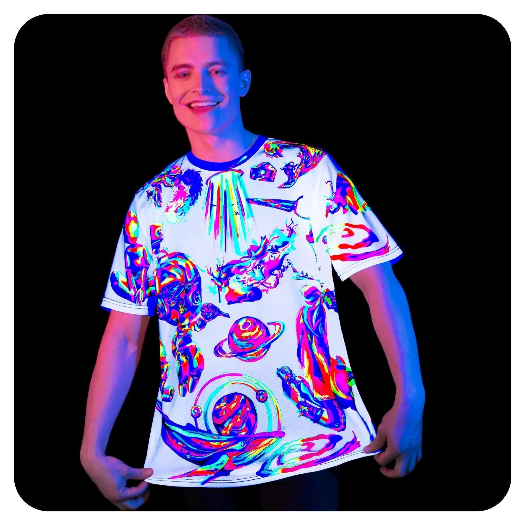 Glowing T Shirt Glow in UV Fluorescent Cosmic White