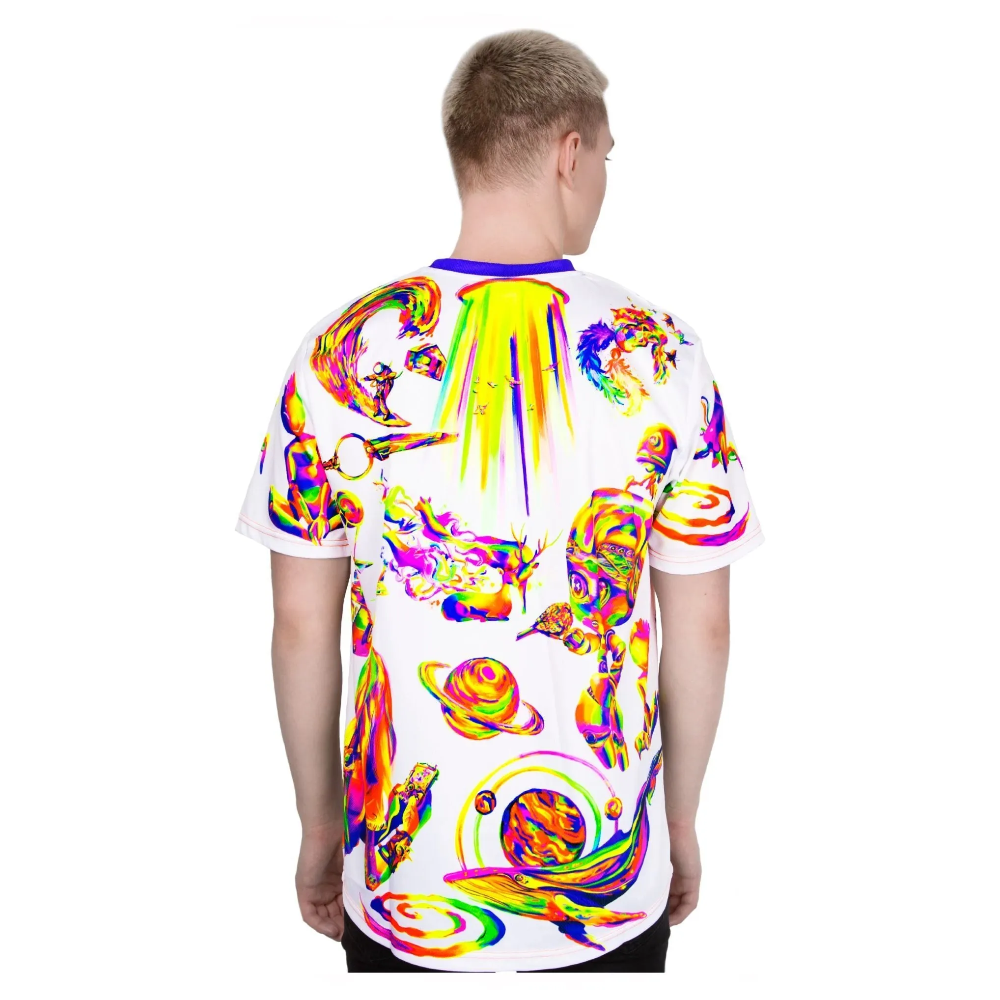 Glowing T Shirt Glow in UV Fluorescent Cosmic White