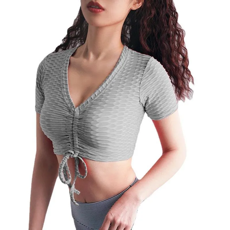 Jacquard bubble drawstring short-sleeved half-sleeved tops yoga fitness vest sports sexy yoga vest women