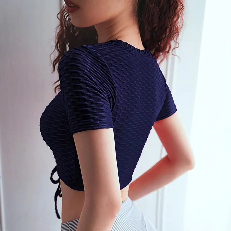 Jacquard bubble drawstring short-sleeved half-sleeved tops yoga fitness vest sports sexy yoga vest women