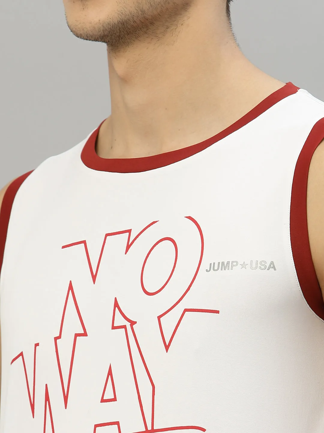 JUMP USA Men White & Red Printed Polyester Sleeveless Tank T-shirt