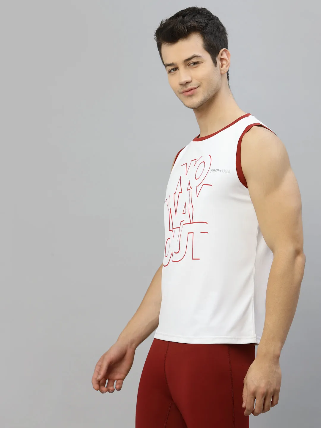 JUMP USA Men White & Red Printed Polyester Sleeveless Tank T-shirt