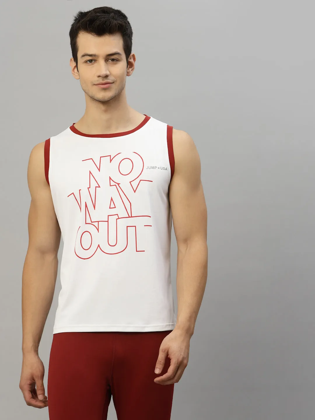 JUMP USA Men White & Red Printed Polyester Sleeveless Tank T-shirt