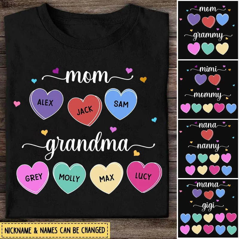 Mom Grandma And 3D Heart Grandkids Personalized T-Shirt Mother's Day