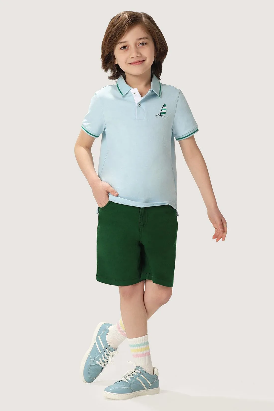 One Friday Kids Boys Blue Stretchable Polo Tee with Embroidery