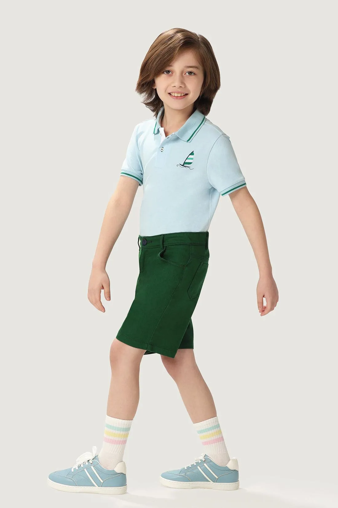 One Friday Kids Boys Blue Stretchable Polo Tee with Embroidery