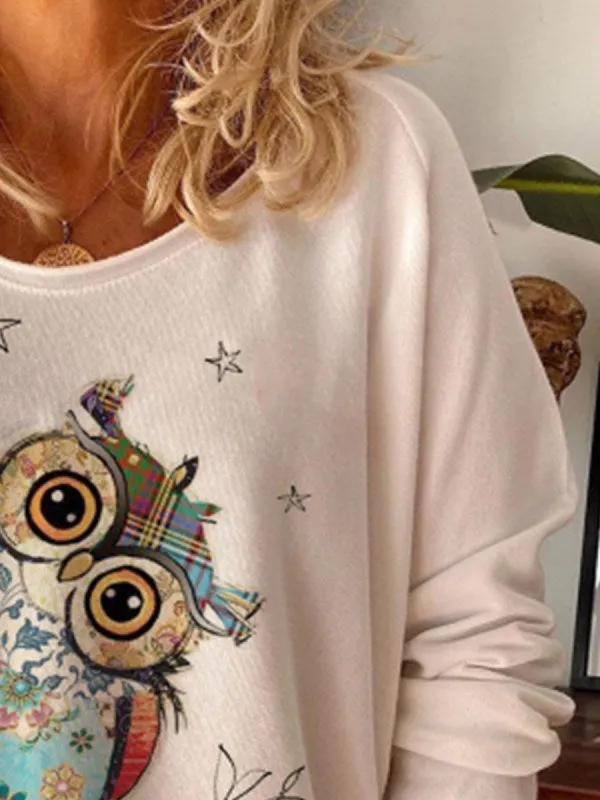 Owl print round neck loose T-shirt