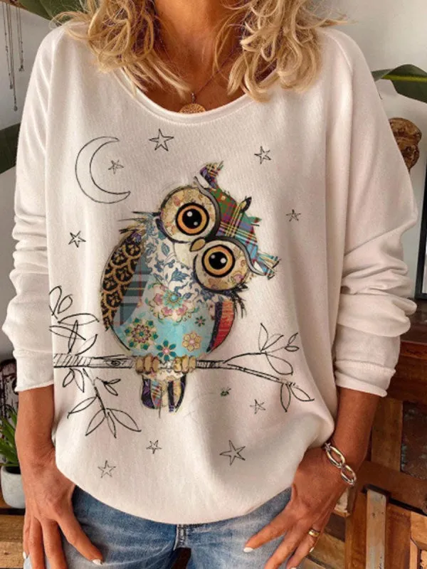 Owl print round neck loose T-shirt