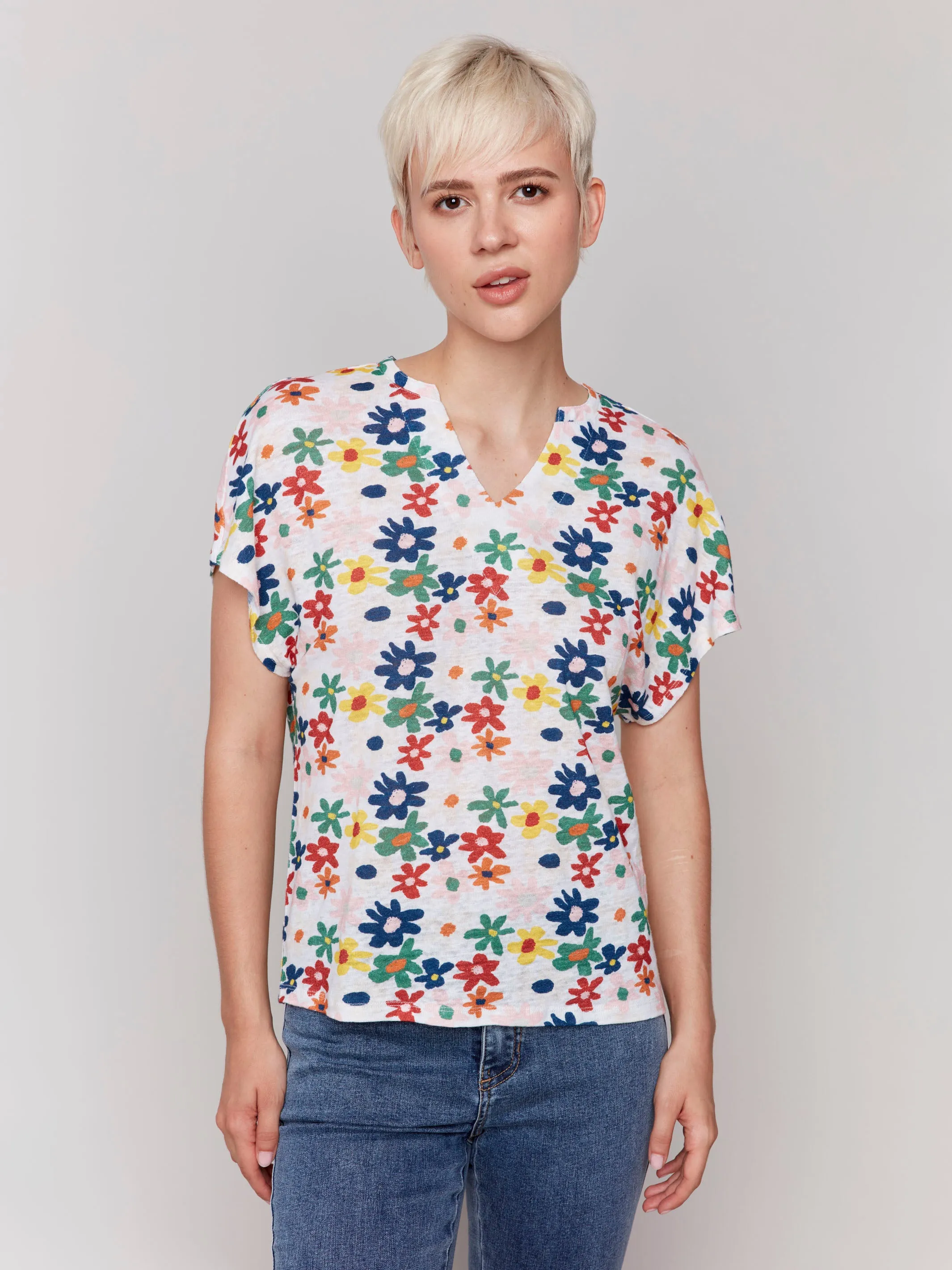 Printed Short Sleeve Dolman Top - Daisies