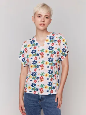 Printed Short Sleeve Dolman Top - Daisies