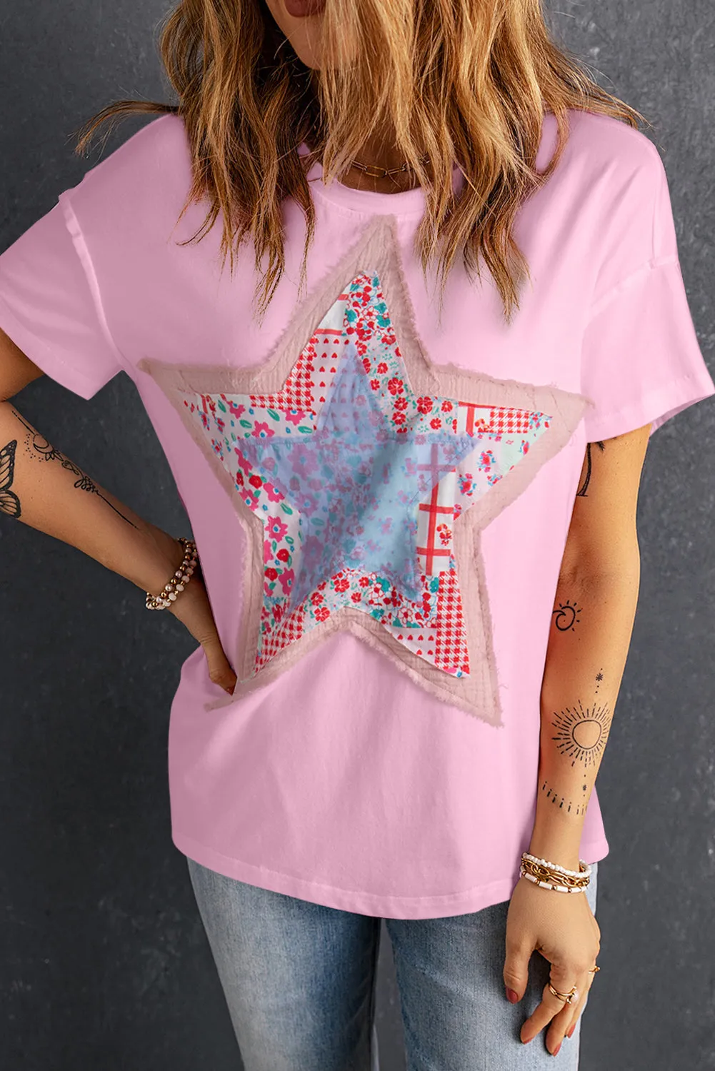 Star Round Neck Short Sleeve T-Shirt