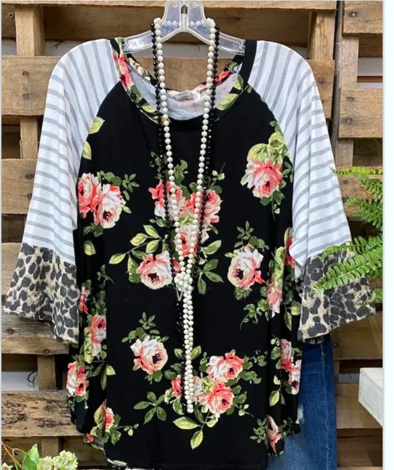 Turtleneck floral print round neck cropped flared sleeve top T-shirt