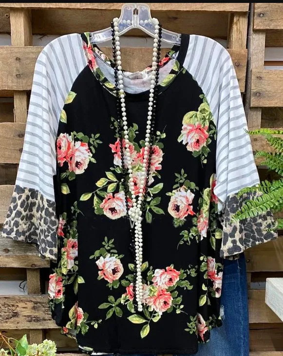 Turtleneck floral print round neck cropped flared sleeve top T-shirt