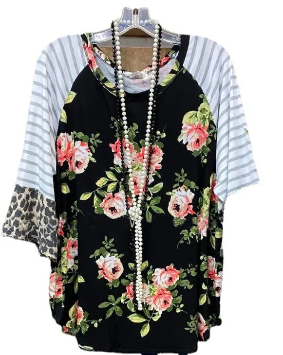 Turtleneck floral print round neck cropped flared sleeve top T-shirt