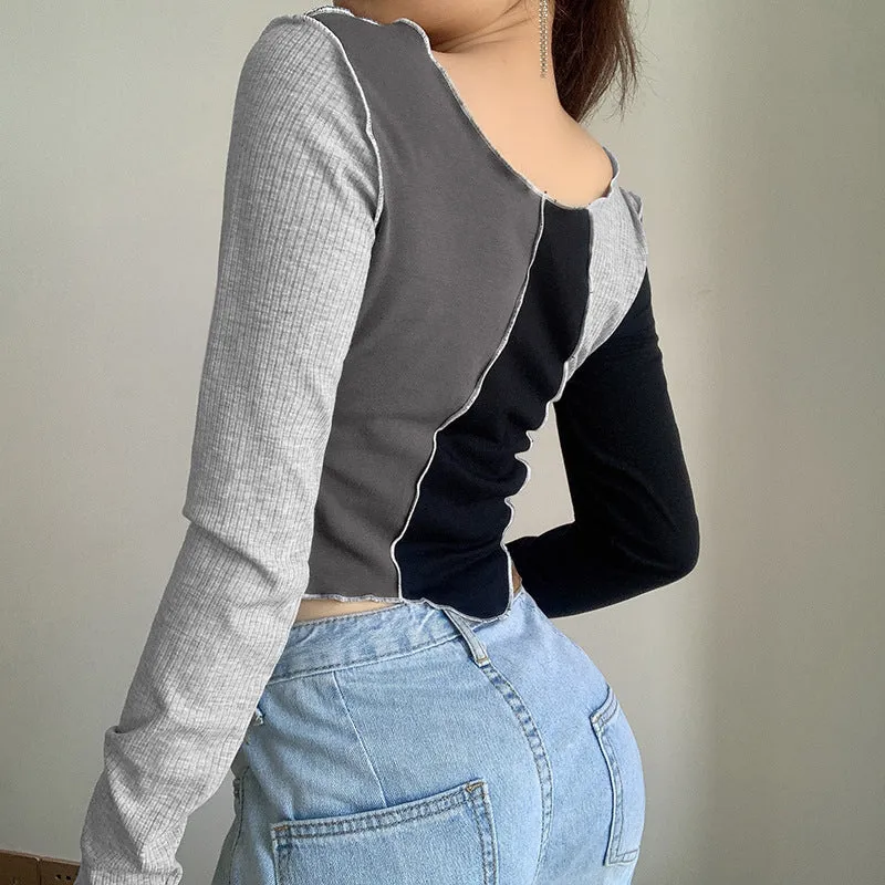 Women's color macthing long-sleeved t-shirt