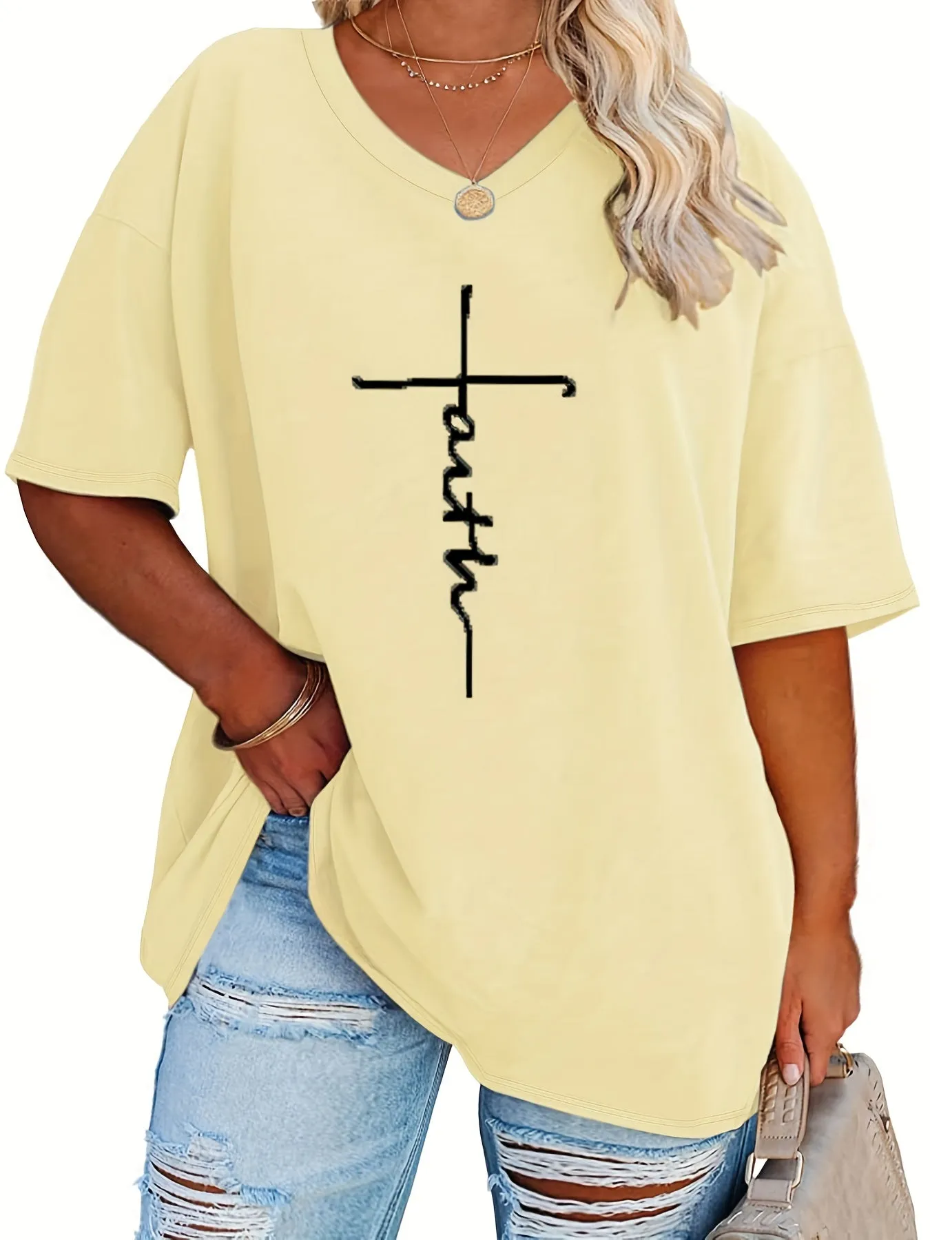 Womens Plus Size V Neck Letter Print Tshirt