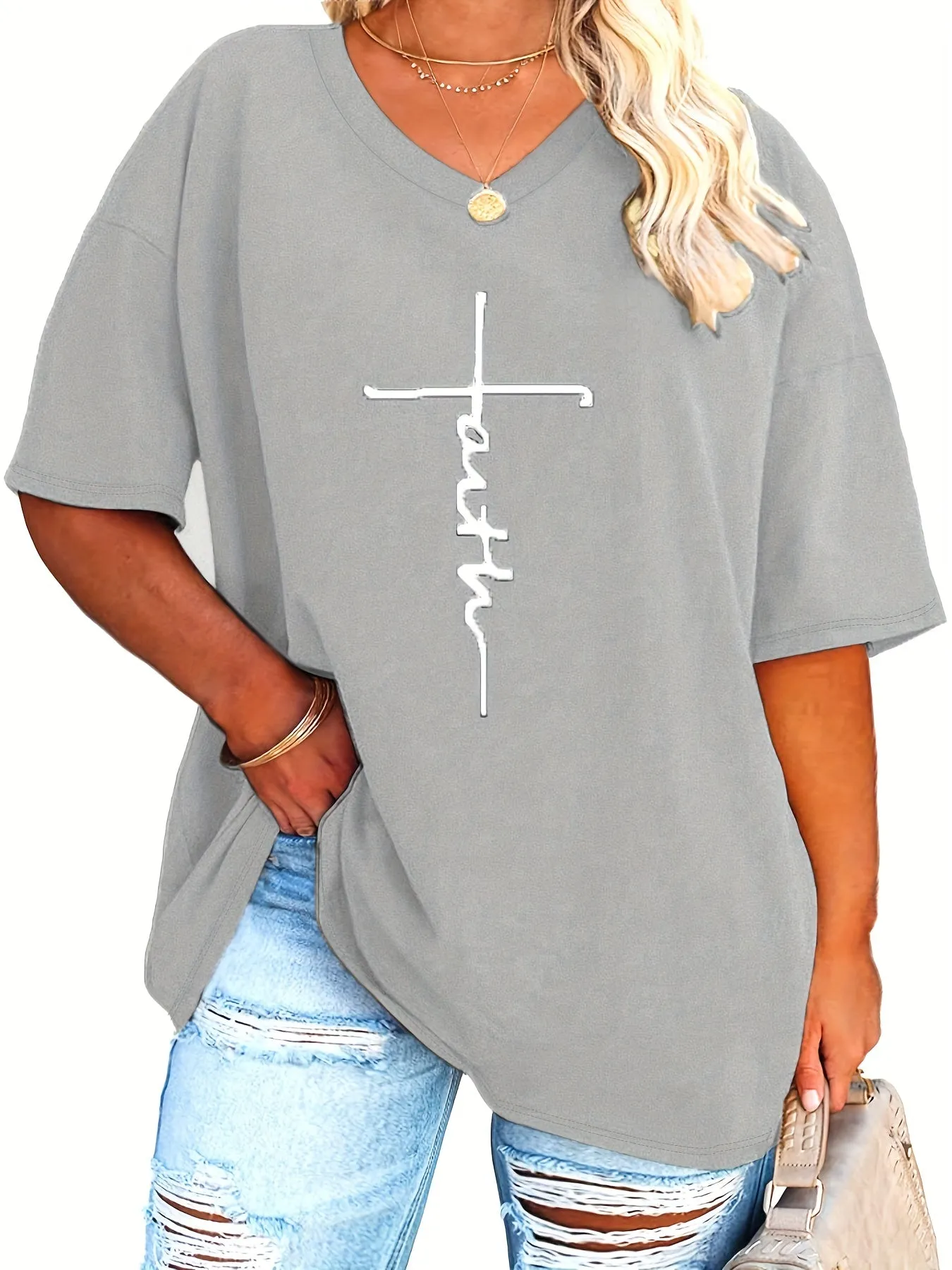 Womens Plus Size V Neck Letter Print Tshirt