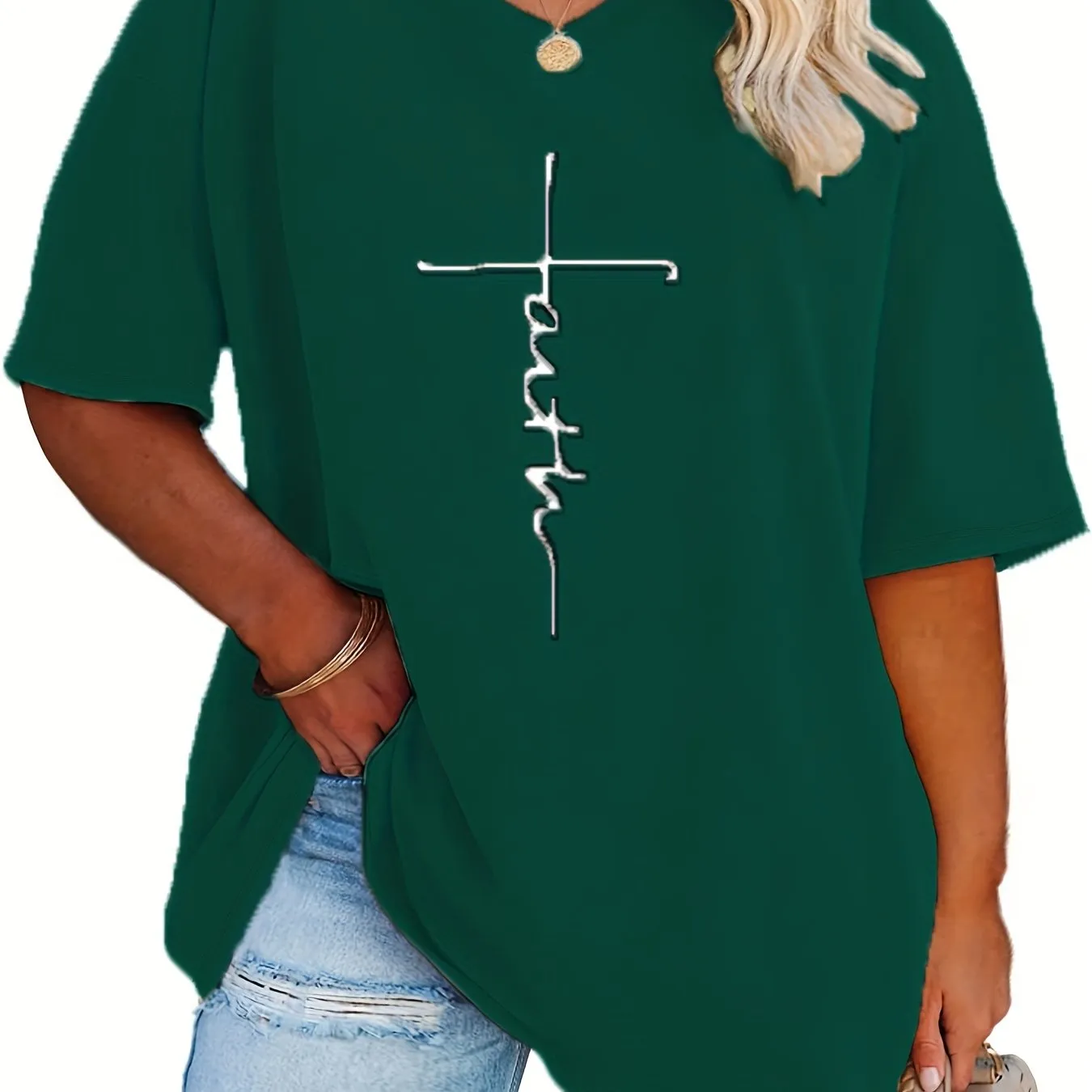 Womens Plus Size V Neck Letter Print Tshirt