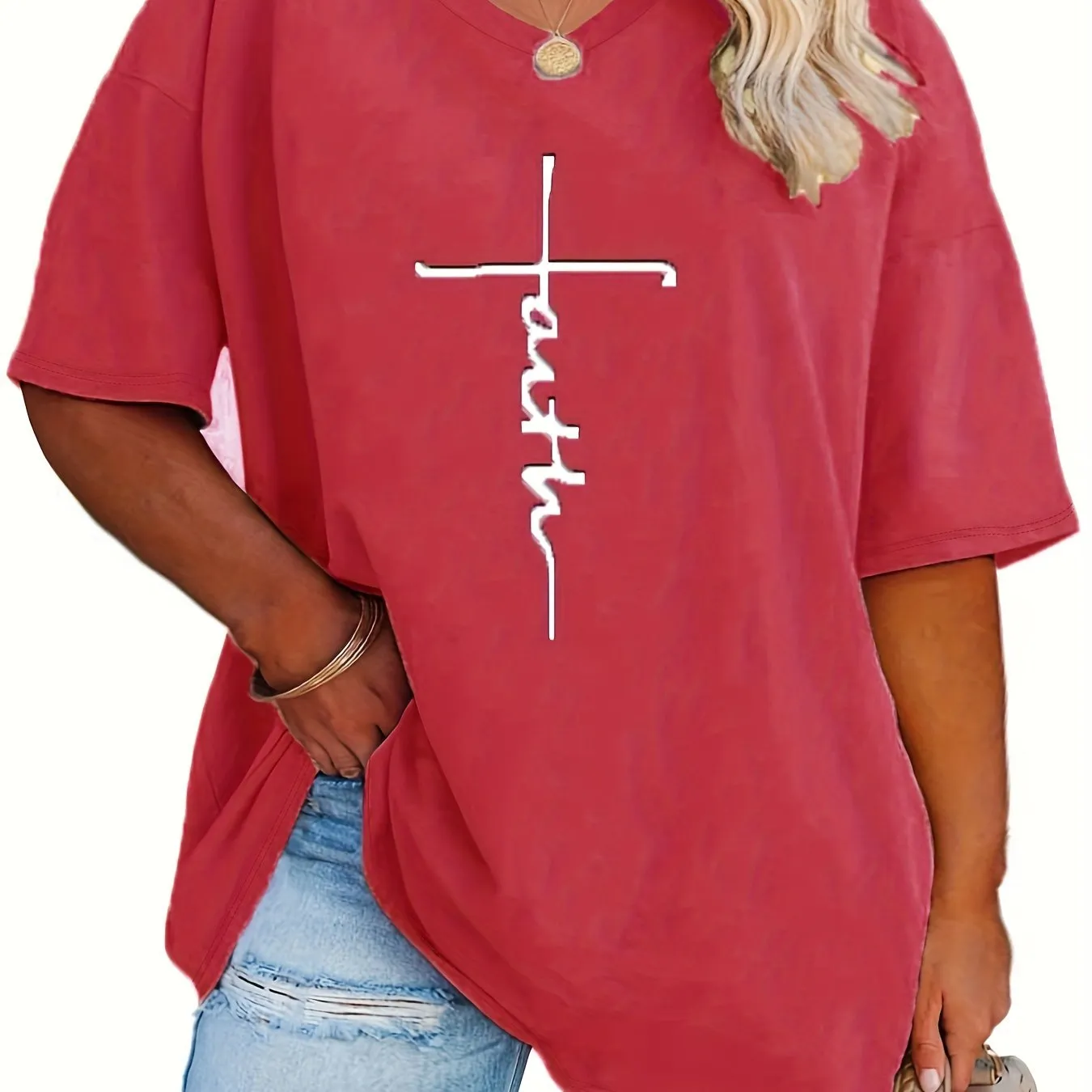 Womens Plus Size V Neck Letter Print Tshirt