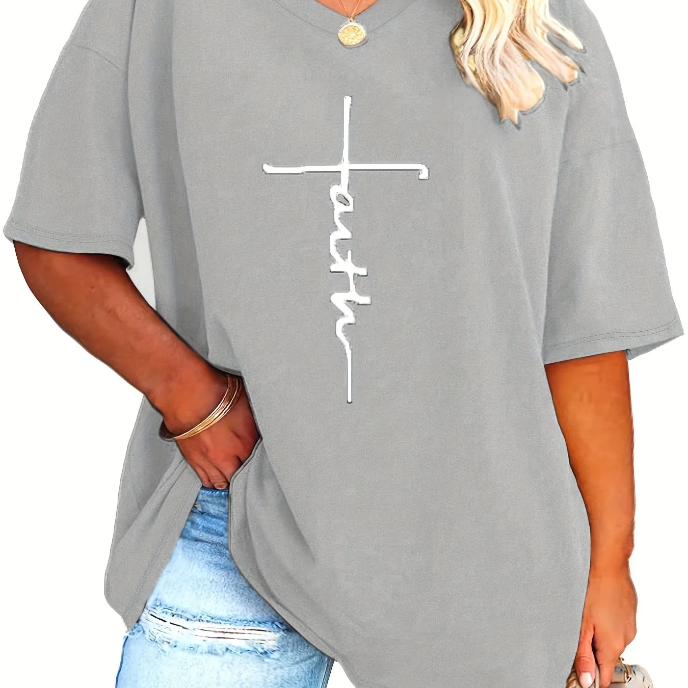 Womens Plus Size V Neck Letter Print Tshirt